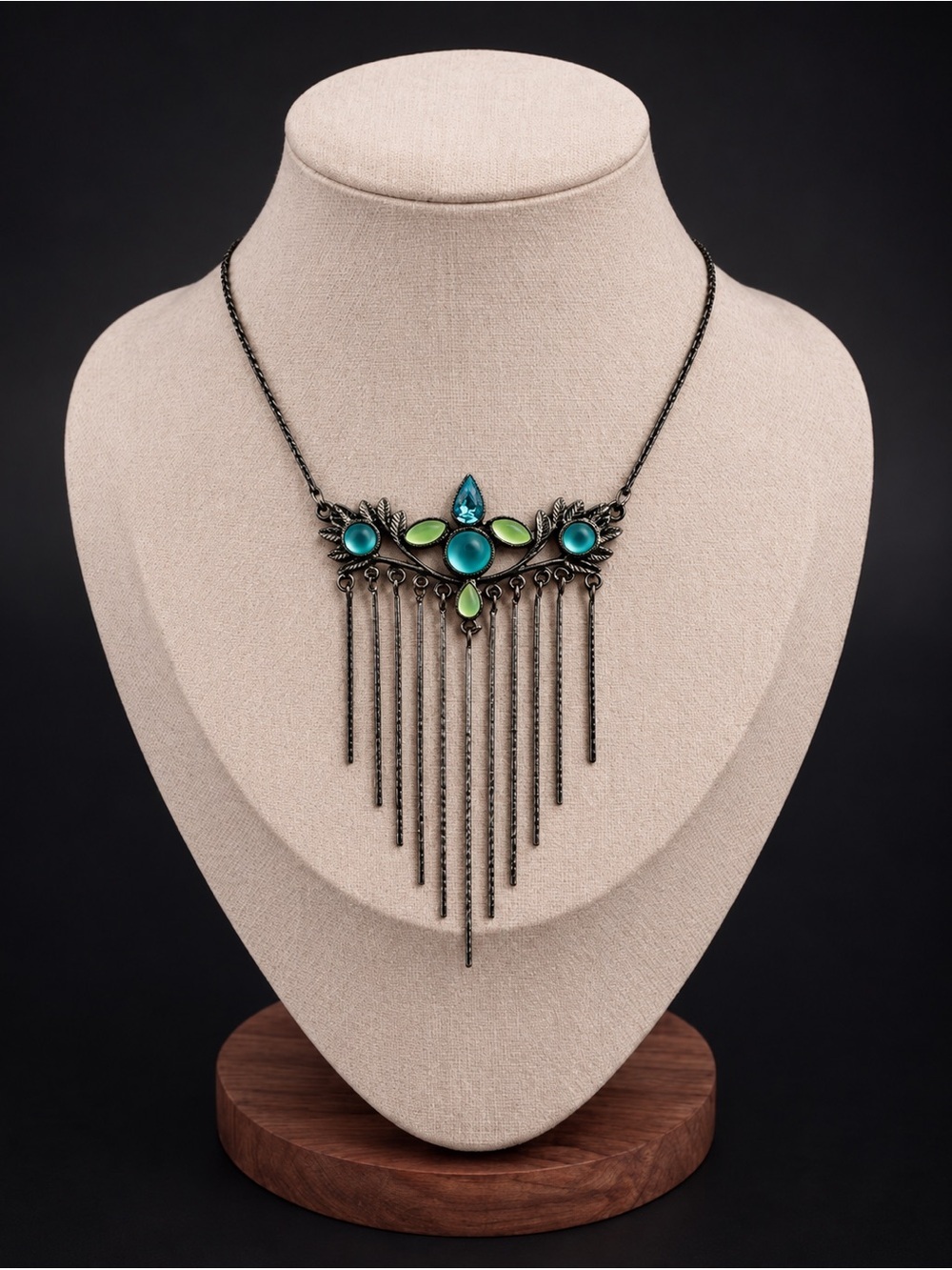 Vintage Style Blue & Yellow Cabochon Fringed Chain Choker Necklace